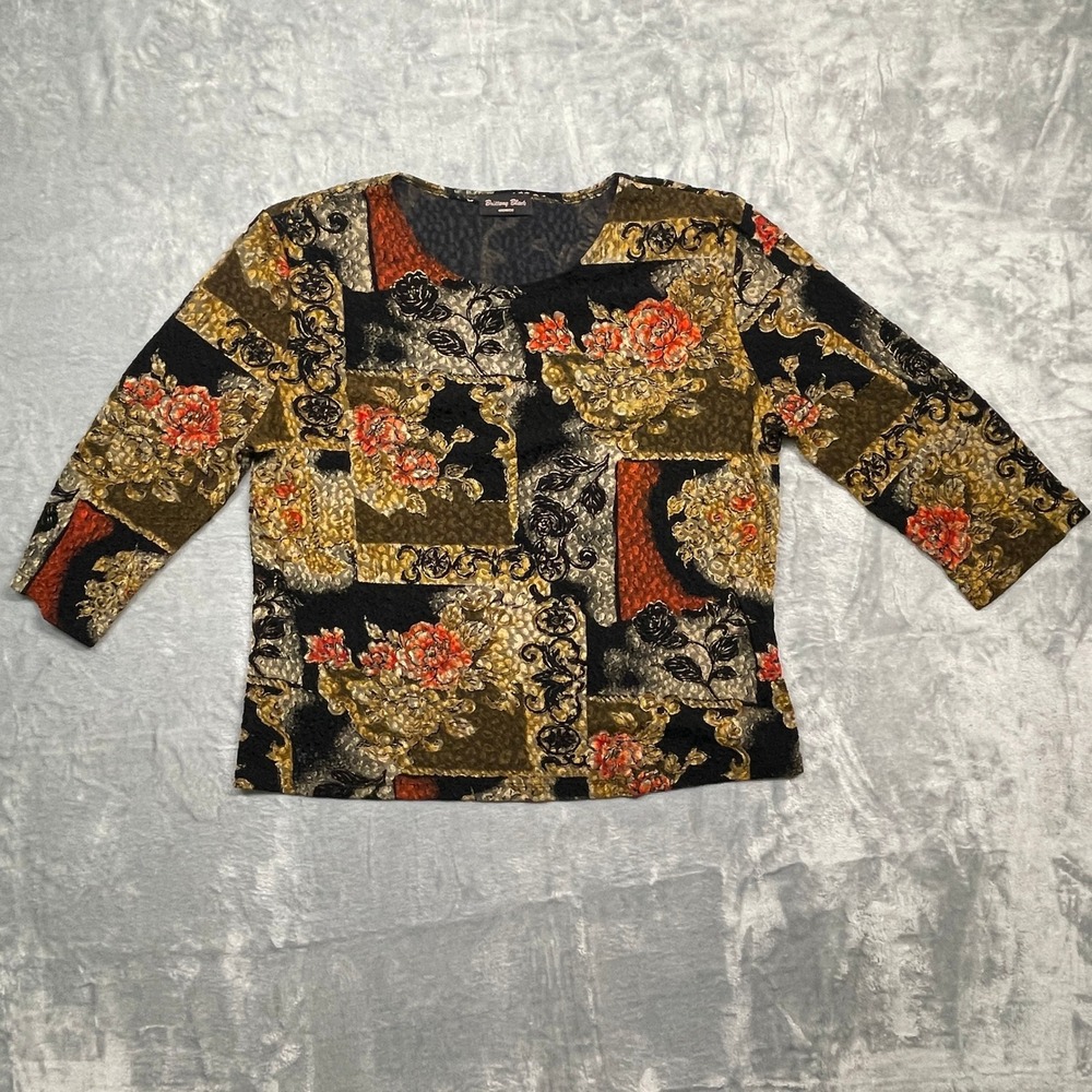 Brittany Black Top Women 1X Black Floral Patchwork 3/4 Sleeve Textured Blouse